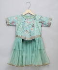 Green Bird Printed Peplum Blouse Lehnga Set
