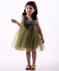 Flower Embelished Net Partywear Dress-Green