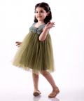 Flower Embelished Net Partywear Dress-Green