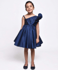 Diamond Embelished Flower Sleeve Partywear Dress-Navy Blue