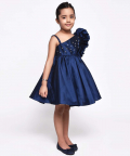 Diamond Embelished Flower Sleeve Partywear Dress-Navy Blue