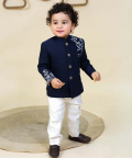 Navy Blue Bandhgala With Off White Pants