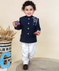 Navy Blue Bandhgala With Off White Pants