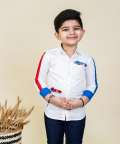 White Shirt With Red And Blue Striped On Sleeves