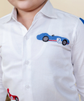 White Shirt With Red And Blue Striped On Sleeves