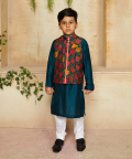 Plain Blue Silk Kurta With Tulip Print Bandi And Pants