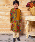 Tulip Print Gold Kurta With Gold Half Bandi Patch