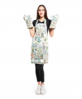 Ivory And Aqua Colour Printed Canvas Apron with Mittens and Pouch Set In Gift Box
