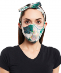 White Abutilon And Brown Abutilon Print Reversible 3 Ply Mask With Pouch And Hairband Set