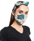 White Abutilon And Brown Abutilon Print Reversible 3 Ply Mask With Pouch And Hairband Set