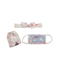 Blue Bandhani Kilim And Grey Ikat Stripe Print Pleated 3 Ply Mask With Pouch And Hairband Set