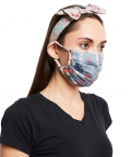 Blue Bandhani Kilim And Grey Ikat Stripe Print Pleated 3 Ply Mask With Pouch And Hairband Set
