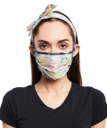 Lavender Lime Bandhani Kilim And Navy Jannat Print Pleated 3 Ply Mask With Pouch And Hairband Set