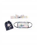 Lavender Lime Bandhani Kilim And Navy Jannat Print Pleated 3 Ply Mask With Pouch And Hairband Set