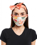 Ivory Hand Painted And Coral Stem Print Pleated 3 Ply Mask With Pouch And Hairband Set