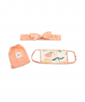Ivory Hand Painted And Coral Stem Print Pleated 3 Ply Mask With Pouch And Hairband Set