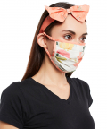 Ivory Hand Painted And Coral Stem Print Pleated 3 Ply Mask With Pouch And Hairband Set