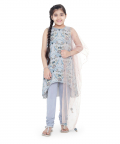 PS Kids Powder Blue Colour Printed Art Georgette Kigh Low Kurta With Pale Blue Colour Soft Net Churidar And Blush Colour Net Dupatta For Girls