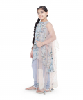 PS Kids Powder Blue Colour Printed Art Georgette Kigh Low Kurta With Pale Blue Colour Soft Net Churidar And Blush Colour Net Dupatta For Girls