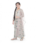 PS Kids Mint Colour Printed Cotton Kurta With Palazzo And Blush Colour Net Dupatta For Girls