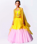 Yellow Pink Tutu Lehenga Choli Set With Cape Dupatta