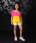 Mithai Pink And Yellow Off Shoulder Pleated Georgette Top