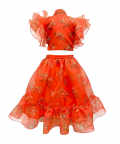 Orange Printed Organza Ruffled Lehenga Set