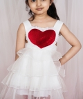 Sleevless Ruffle Big Red Heart Yoke Fit & Flare White Dress