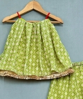 Green Georgette Print Geometric Motif Top With Palazzo Pant