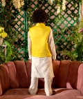 Qanari Embroidered Yellow Nehru Jacket Paired With Cream Kurta & Trouser Set 
