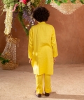 Meherzad-Embroidered Yellow Nehru Jacket Paired With Drape Kurta & Trouser Set 