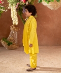 Meherzad-Embroidered Yellow Nehru Jacket Paired With Drape Kurta & Trouser Set 