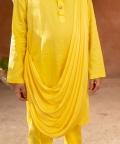 Meherzad-Embroidered Yellow Nehru Jacket Paired With Drape Kurta & Trouser Set 