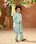 Maherwan-Embroidered Blue Achkan Trouser Set 