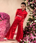 Kyra-Thread Embroidered German Satin Red Blazer Sharara Set Of 3 