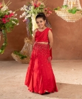 Ruxchin-Embroidered German Satin Red Draped Blouse Dupatta Lehenga Set Of 2 
