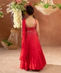 Ruxchin-Embroidered German Satin Red Draped Blouse Dupatta Lehenga Set Of 2 
