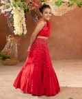 Ruxchin-Embroidered German Satin Red Draped Blouse Dupatta Lehenga Set Of 2 