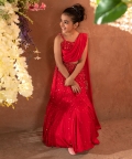 Ruxchin-Embroidered German Satin Red Draped Blouse Dupatta Lehenga Set Of 2 