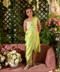 Sanobar-Embroidered German Satin Green Drape Saree Blouse Set Of 3 