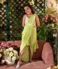 Sanobar-Embroidered German Satin Green Drape Saree Blouse Set Of 3 