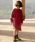 Dhara Candy Red Linen Dress With Kantha Hand-Embroidery