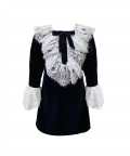 Navy Blue Velvet With Lace Yolk And Sleeves