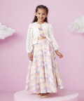 Floral Print Crop Top & Lehenga Set With Crochet Jacket