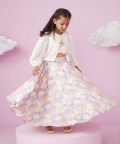 Floral Print Crop Top & Lehenga Set With Crochet Jacket