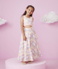 Floral Print Crop Top & Lehenga Set With Crochet Jacket