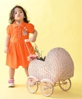 Orange Polo Dress With Gathers At Waist And Puffed Sleeves
