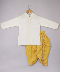 Off White Cotton Kurta With Bandhani Print Mustard Dhoti
