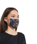 Adult Navy Spring Print With Aqua Hand Painted Print Pleated 3 Ply Mask With Pouch