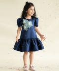 Blue Satin A-Line Dress With 3 Flowers